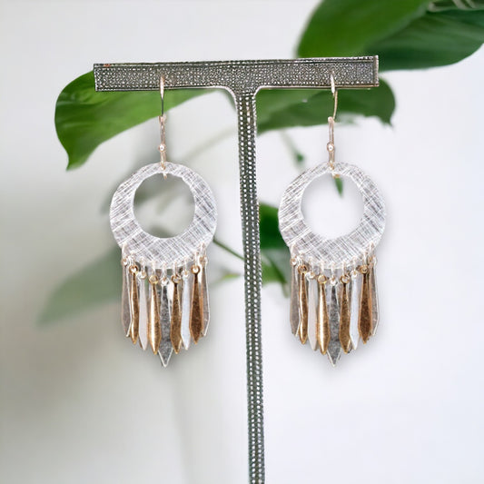Multi Dangle Two Tone Gold and Silver Plated Brass Scratch Metal Earrings - Silver - Mellow Monkey