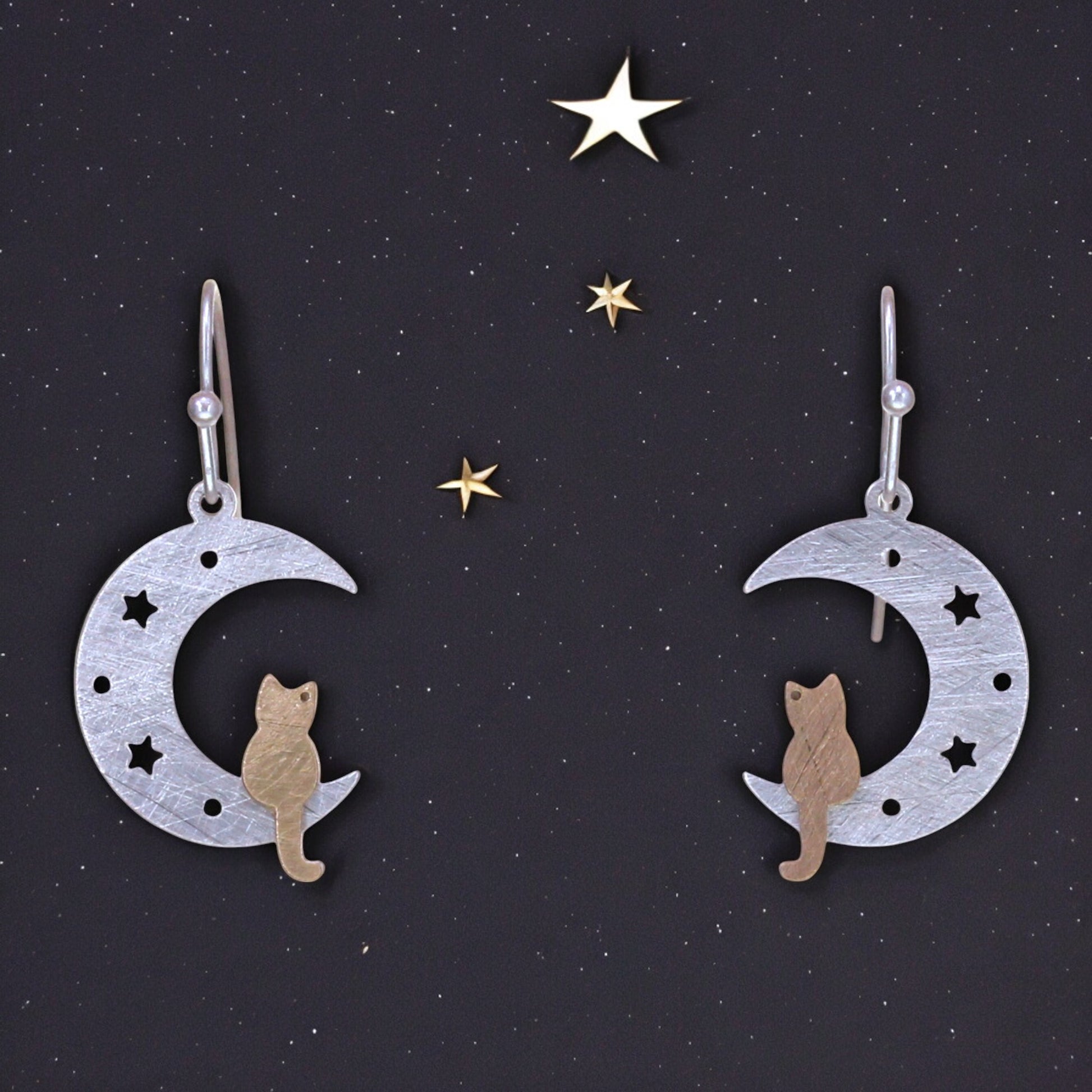 Cat On A Crescent Moon Two Tone Scratch Finish Earrings - Silver - Mellow Monkey