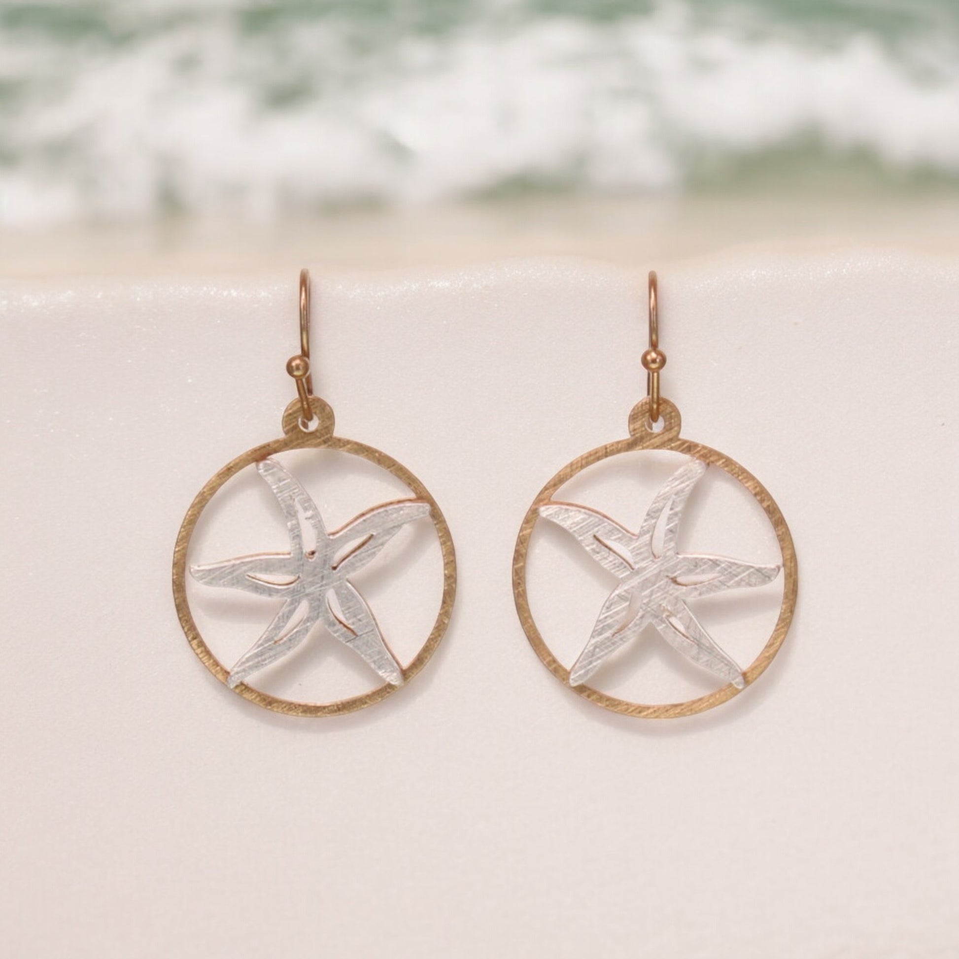 Starfish Two Tone Scratch Finish Earrings - Gold - Mellow Monkey