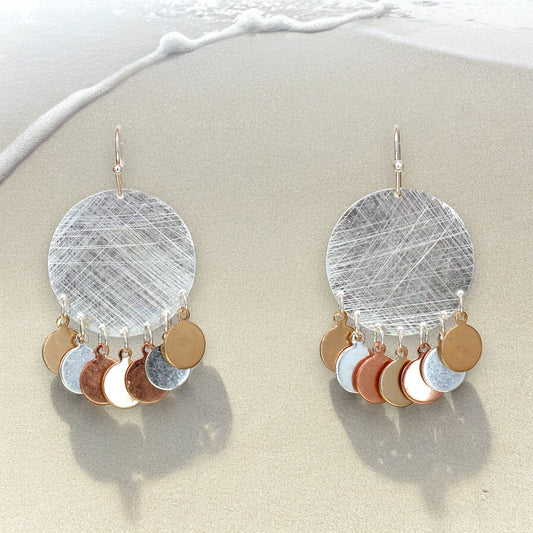 Plated Scratch Metal Brass Disc Earring with Multi Tri-Color Disc Dangles - Silver Disc - Mellow Monkey