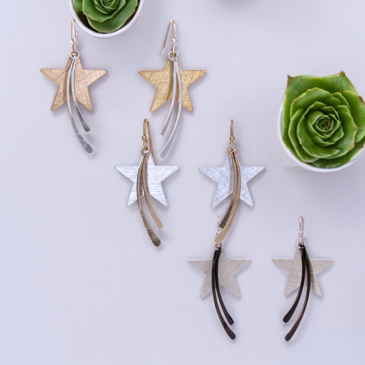 Shooting Star - Two Tone Scratch Finish Earrings - Mellow Monkey