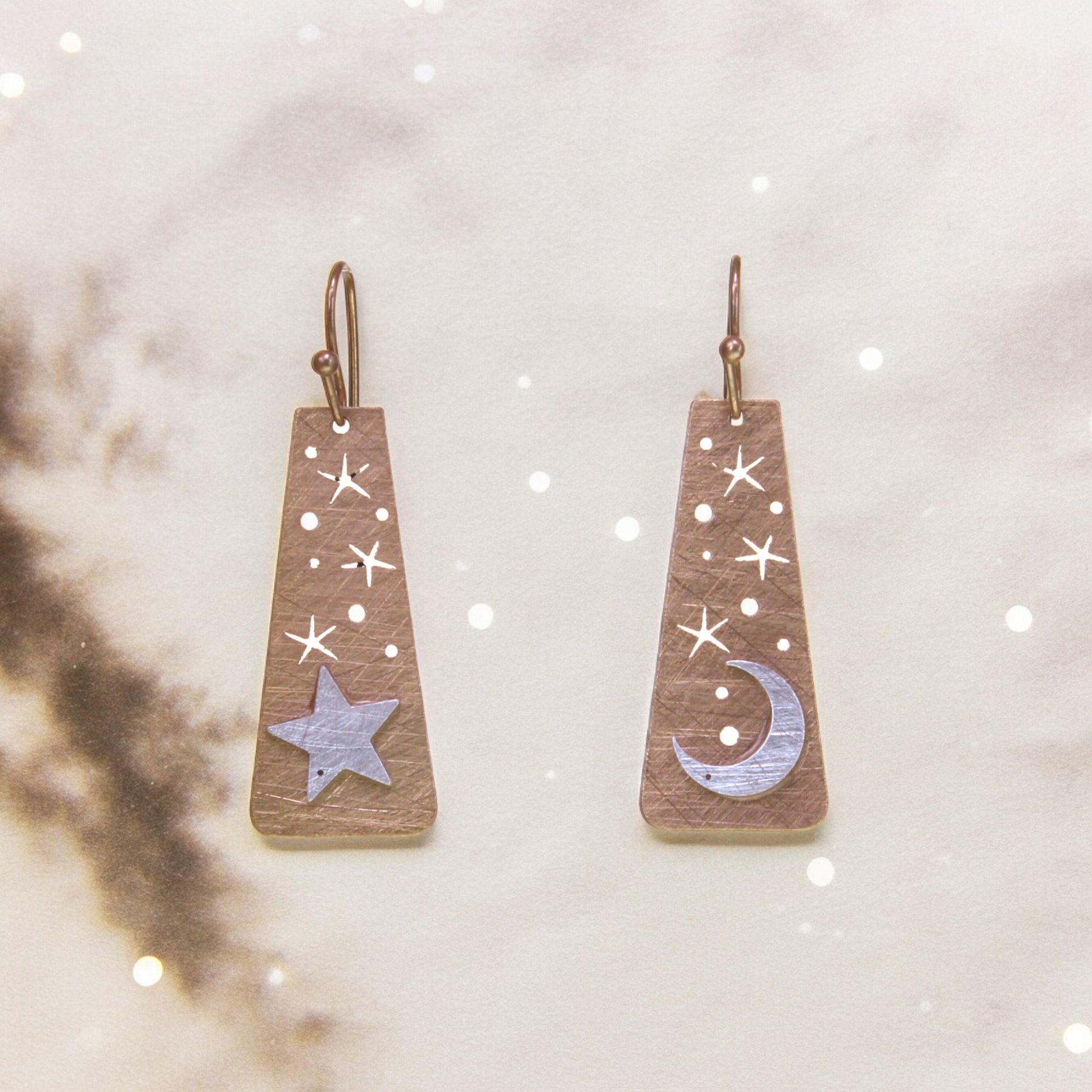 Two Tone Scratch Finish Moon & Star Earrings - Gold - Mellow Monkey