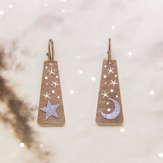 Two Tone Scratch Finish Moon & Star Earrings - Gold - Mellow Monkey