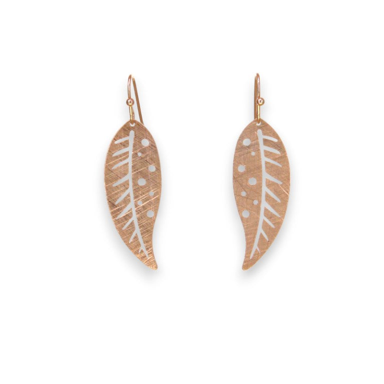 Brass Laser Etched Leaf Earrings With Gold Plated Scratch Finish - Mellow Monkey