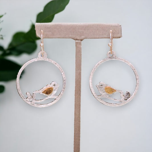 “Little Bird” - Two Tone Scratch Metal Brass Earring - Silver - Mellow Monkey