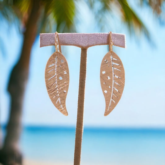 Brass Laser Etched Leaf Earrings With Gold Plated Scratch Finish - Mellow Monkey
