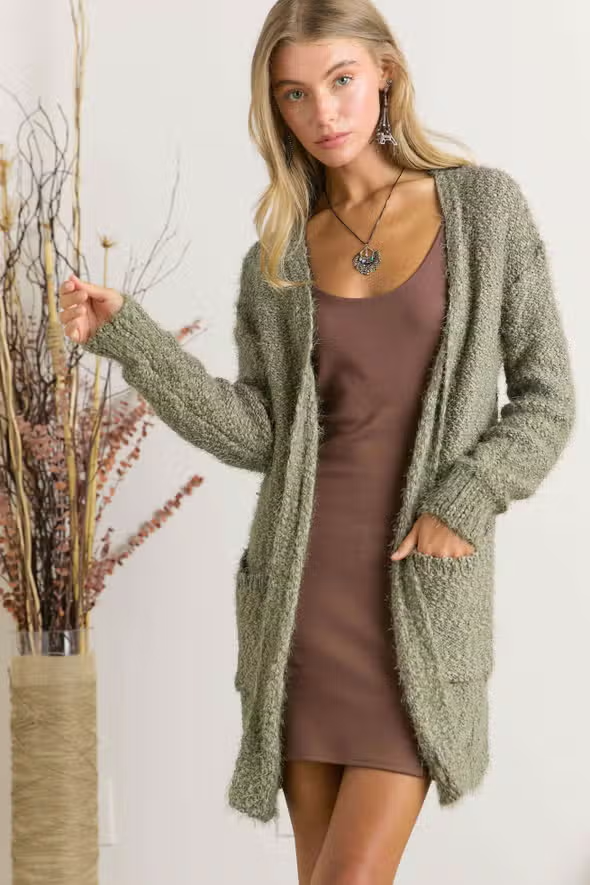 Boucle Knit Cardigan Sweater - New Olive – Mellow Monkey