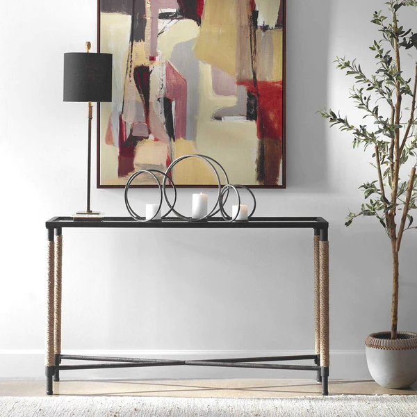 Braddock Metal and Glass Jute Rope Wrapped Coastal Console Table 