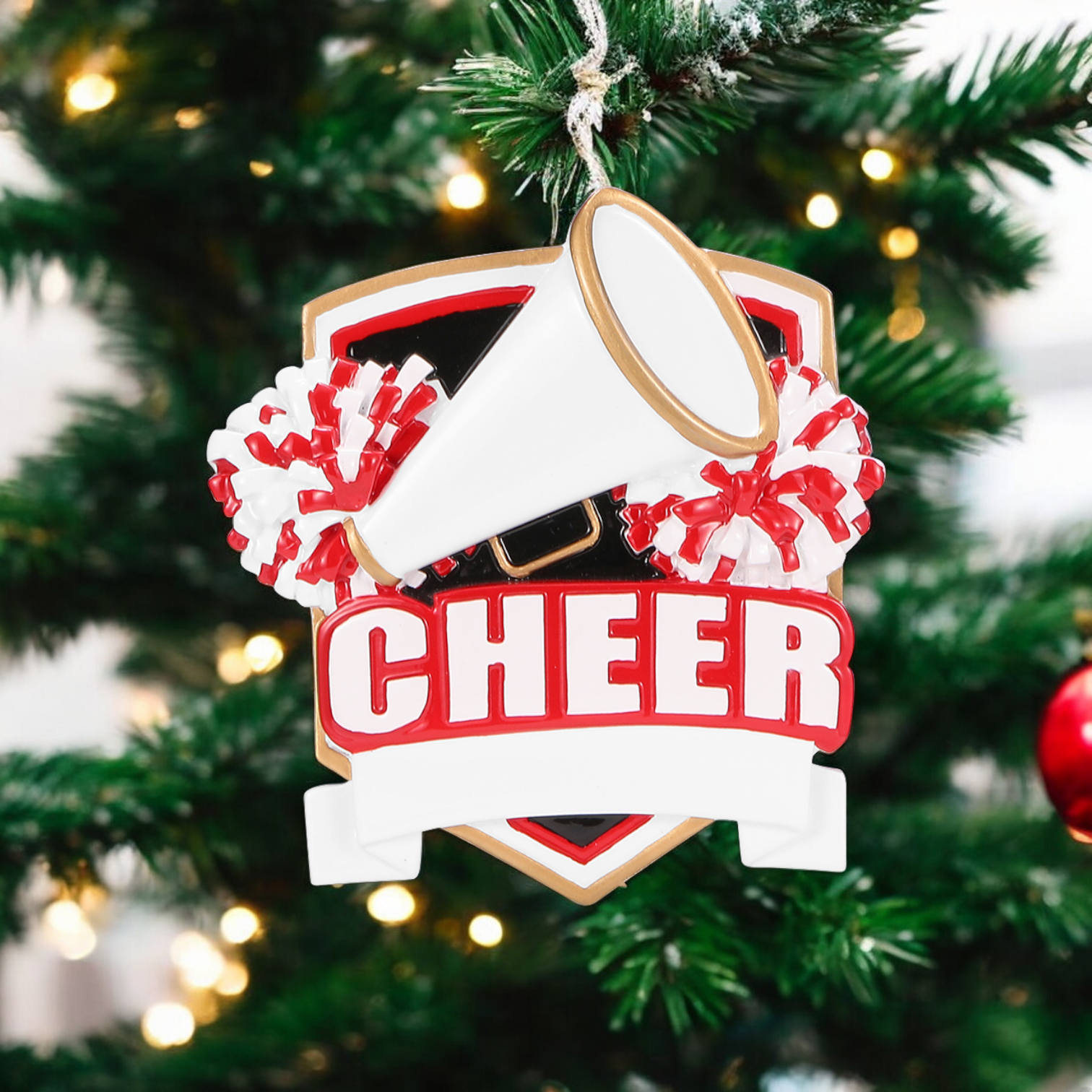 RED Cheer Shield Personalized Ornament - Mellow Monkey