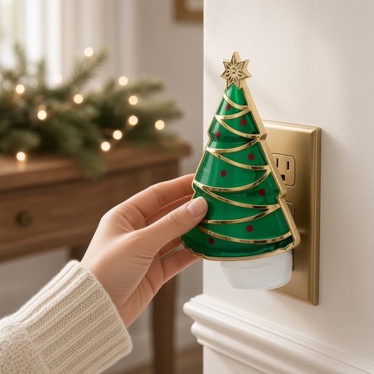 Mellow Monkey Christmas tree fragrance warmer with green enamel, gold trim, and red ornaments plugged into a wall.