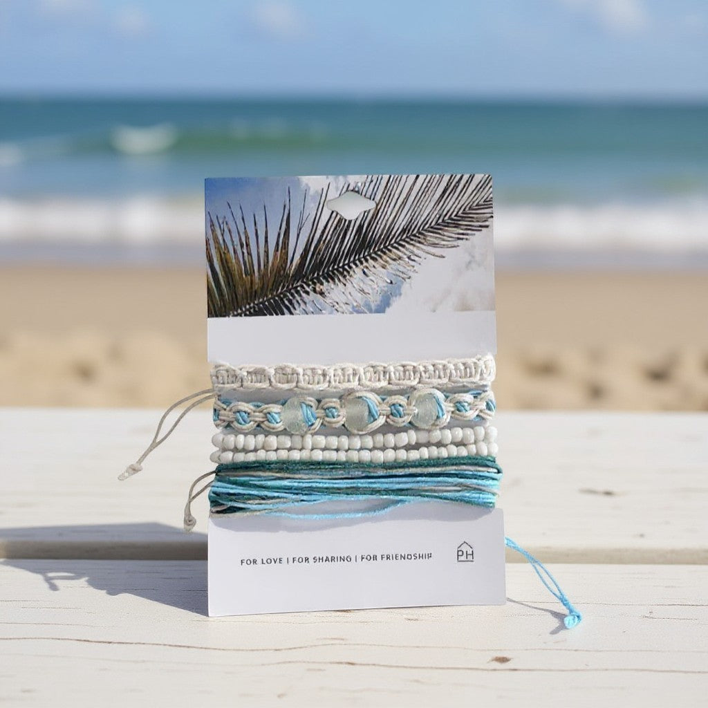 Handmade Coastal Beach White and Blue Wrapped Glass Beads 4-Piece Pull Bracelet Set - Aqua - Mellow Monkey