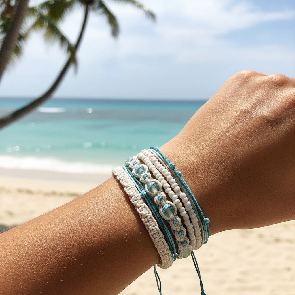 Handmade Coastal Beach White and Aqua Glass 4-Piece Pull Bracelet Set - Aqua - Mellow Monkey