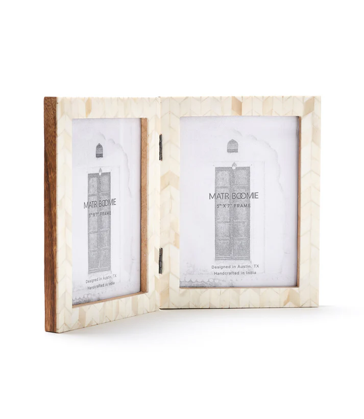 Artemis Double Picture Frame - Handcrafted Bone - Holds 5x7 Photos - Mellow Monkey