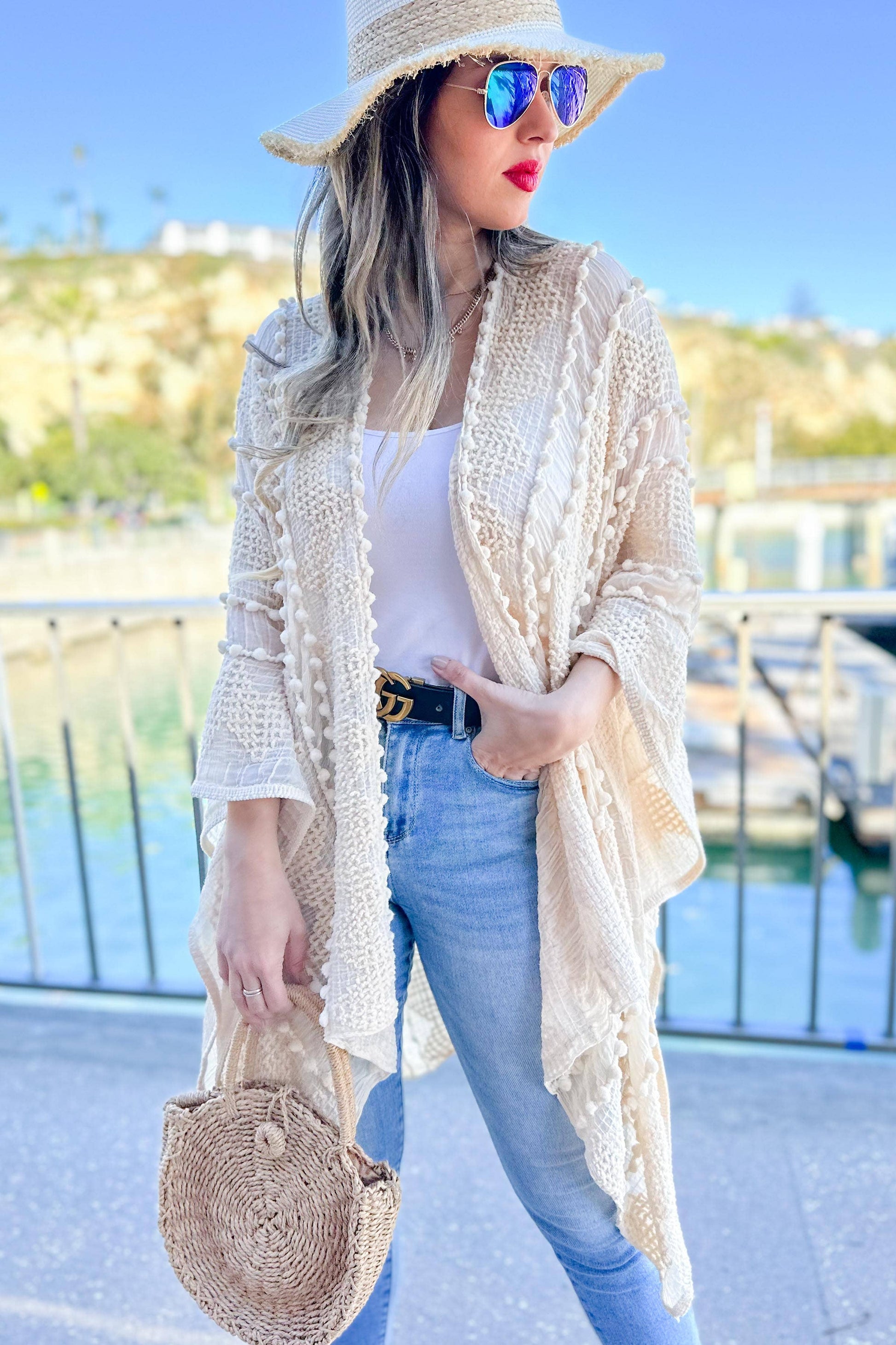 Ivory 3D Textured Open Front Soft Kimono Cover Up - Mellow Monkey