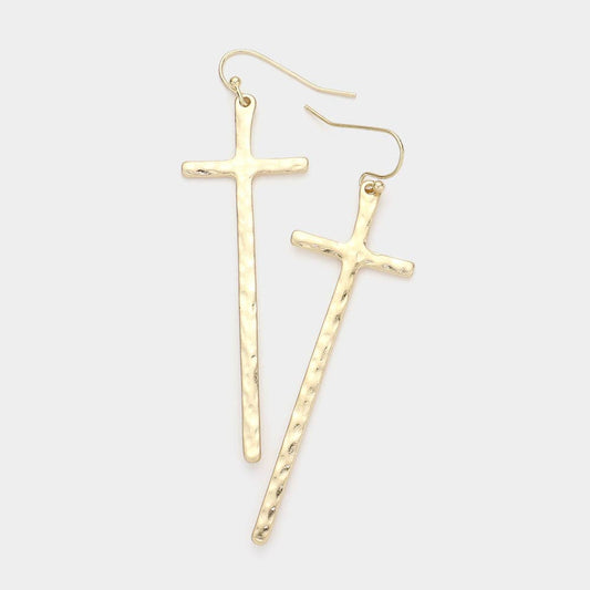 Hammered Metal Cross Dangle Earrings: Yellow Gold