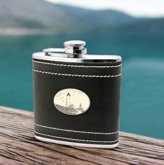 Lighthouse - Black Leather and Stainless Steel Flask - Mellow Monkey