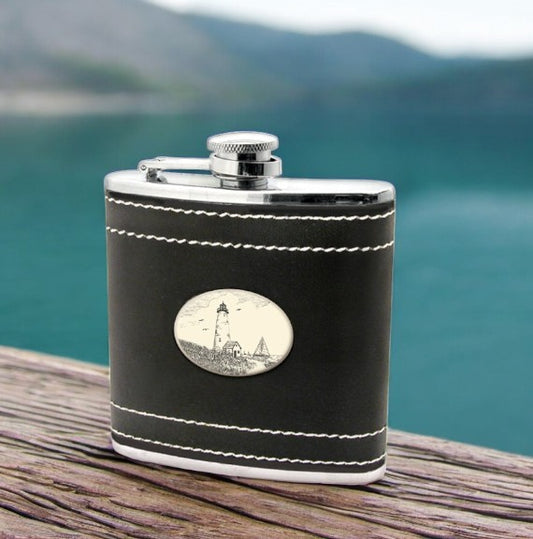 Lighthouse - Black Leather and Stainless Steel Flask - Mellow Monkey
