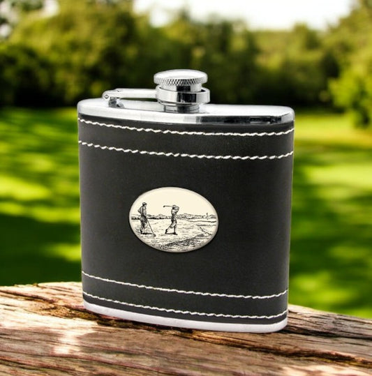 Golfer - Black Leather and Stainless Steel Flask - Mellow Monkey