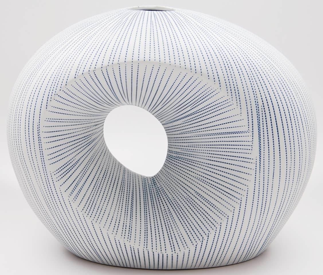 Artura Short - Handcrafted Porcelain Vase - White with Blue Dotted Lines - 11.5 x 5.2 x 9.8 in - Mellow Monkey