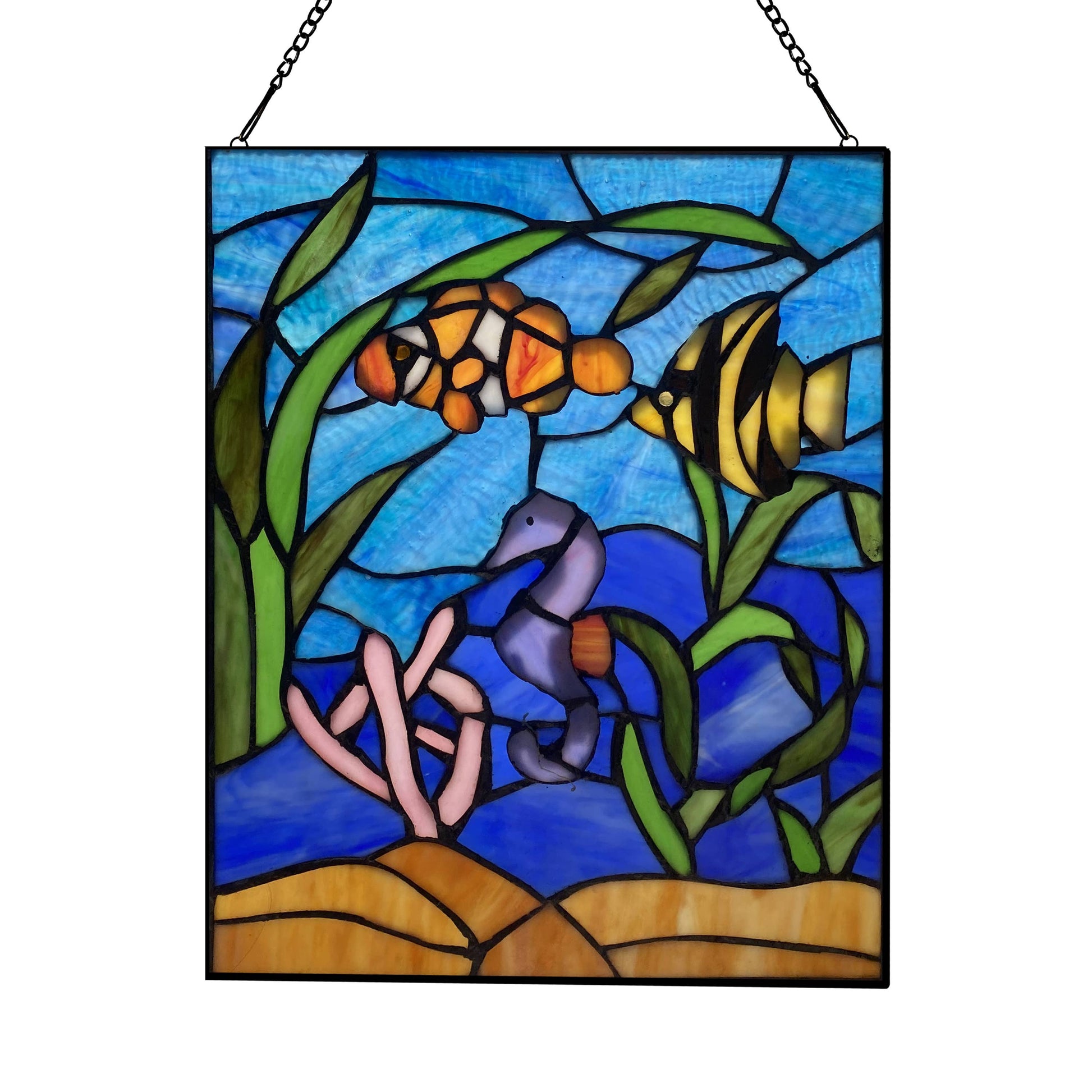 Underwater Blue Ocean Scene Stained Glass Window Panel - 14-in - Mellow Monkey