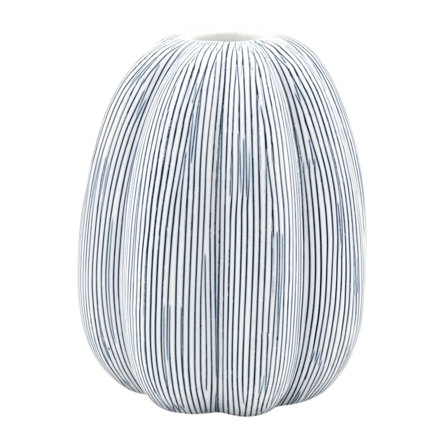 Pumpkin - Porcelain Ceramic Taper Candle Holder - White with Blue Stripes - 3.7 x 3.7 x 4.5 in - Mellow Monkey