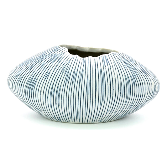 Mini Oval Vase - Handcrafted Porcelain Bud Vase - White with Blue Lines - - Mellow Monkey