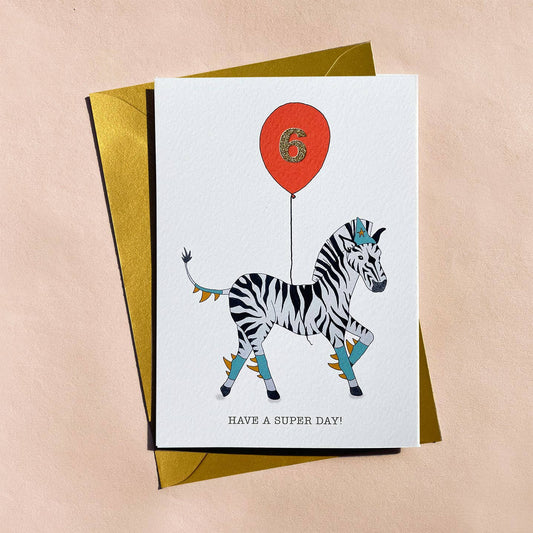 6th Birthday Zebra With Balloon - Birthday Card - Mellow Monkey