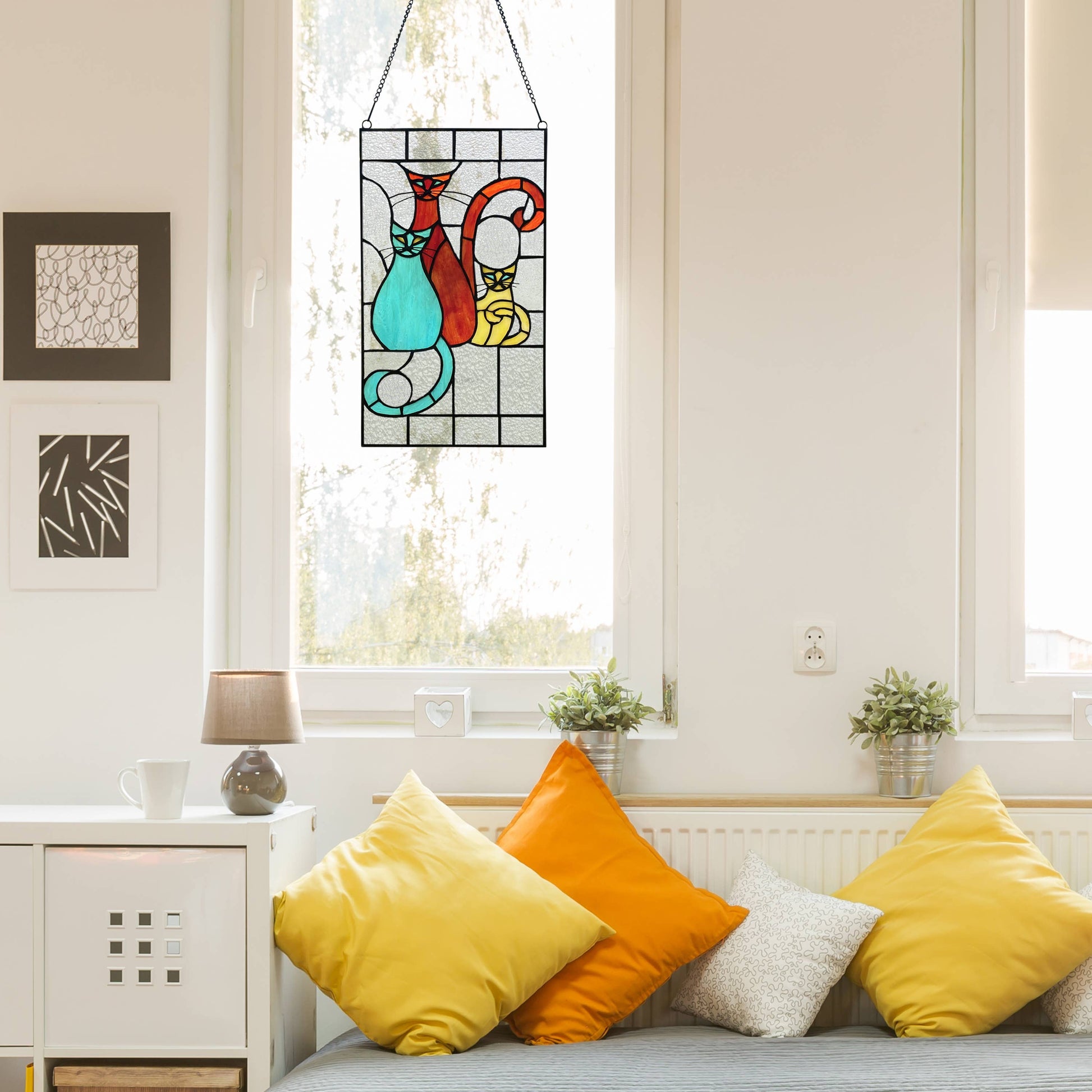 Coy Cats Trio Stained Glass Window Panel - 14-in - Mellow Monkey