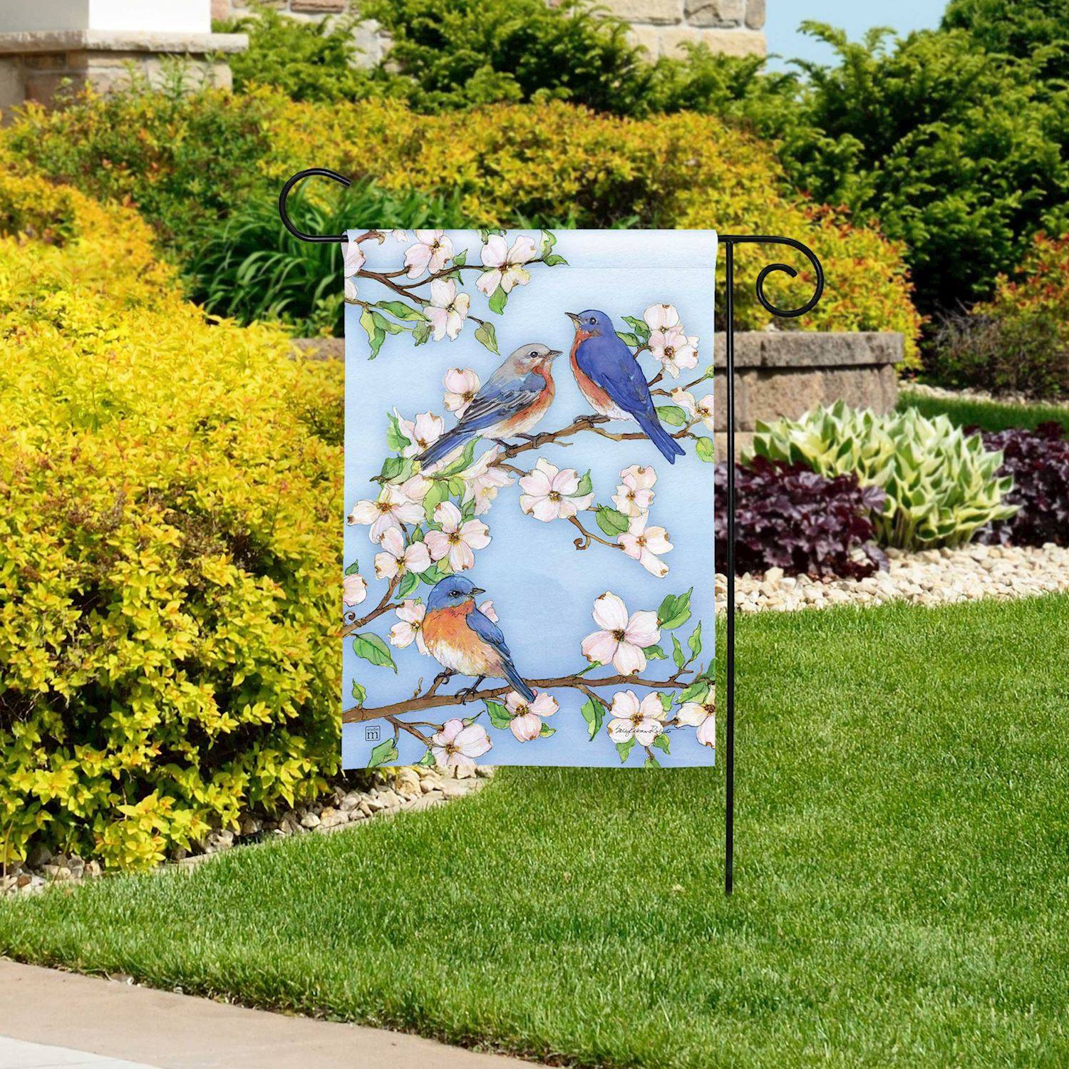 Dogwoods And Bluebirds Premium Grade Garden Flag - 12-1/2 x 18-in From Studio M - Mellow Monkey