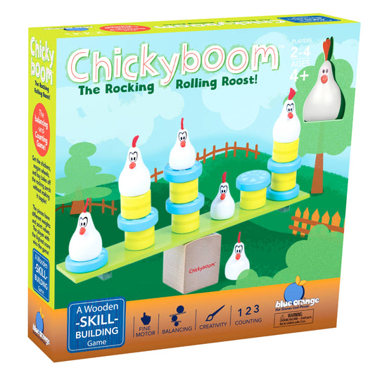 Box of Chickyboom wooden skill-building game with cartoon chickens on a green background