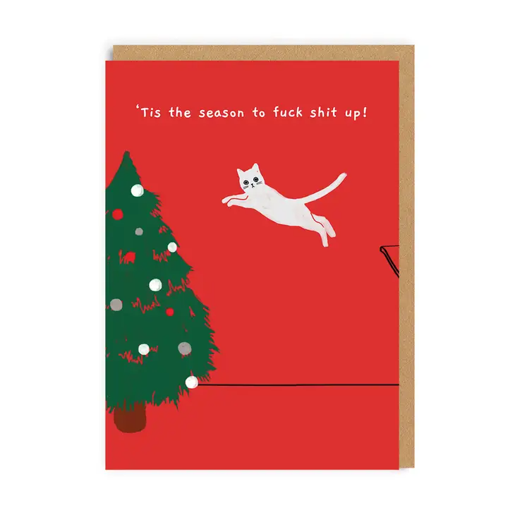 'Tis The Season to Fuck Shit Up - Cat Jumping Christmas Tree - Holiday Greeting Card - Mellow Monkey