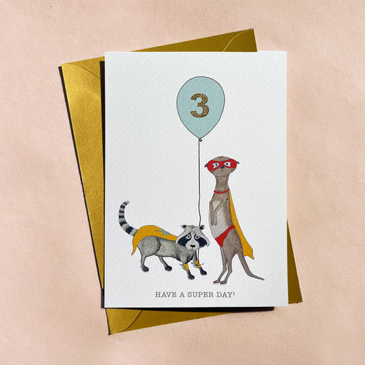 3rd Birthday Meerkat With Balloon - Birthday Card - Mellow Monkey