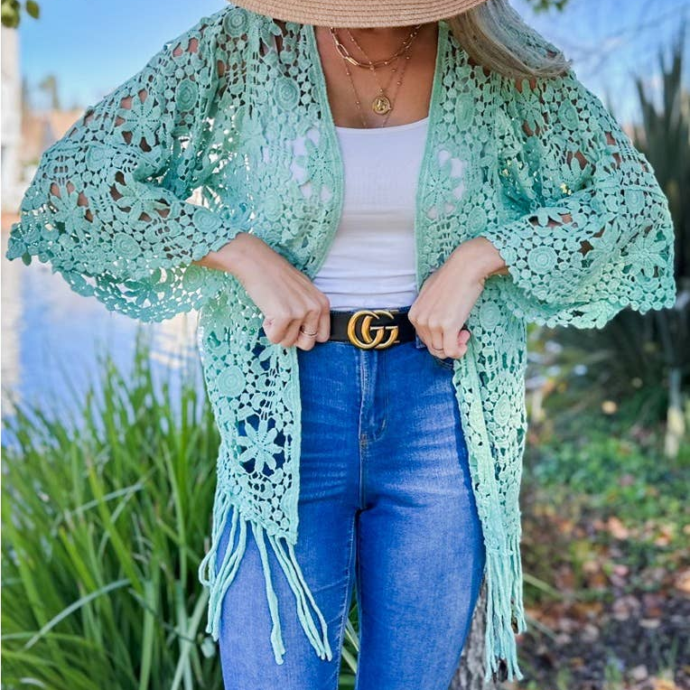 Floral Crochet with Tassel Kimono - 3/4 Sleeve - Mellow Monkey