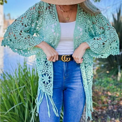 Floral Crochet with Tassel Kimono - 3/4 Sleeve - Mellow Monkey