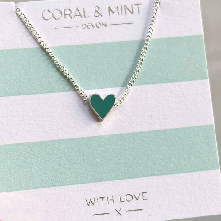 Coral and Mint - Heart Necklace with Sea Green Enamel - Mellow Monkey