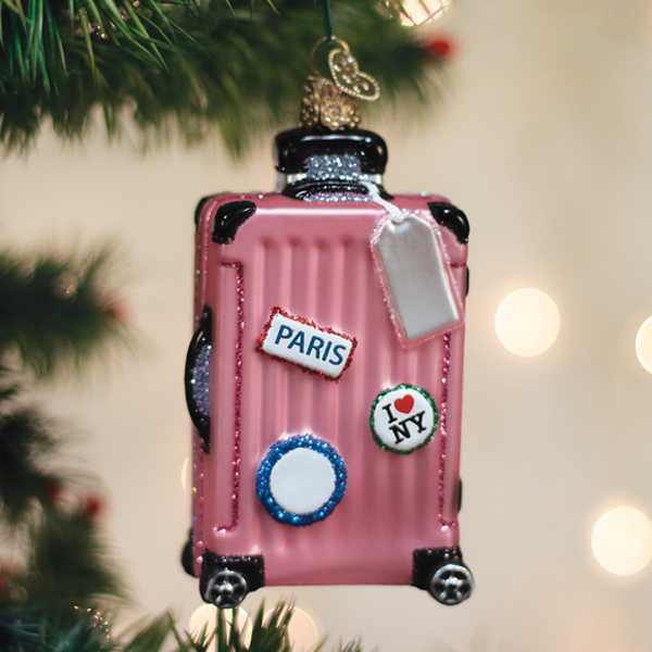 Pink Rolling Suitcase - Old World Christmas Blown Glass Holiday Ornament - Mellow Monkey