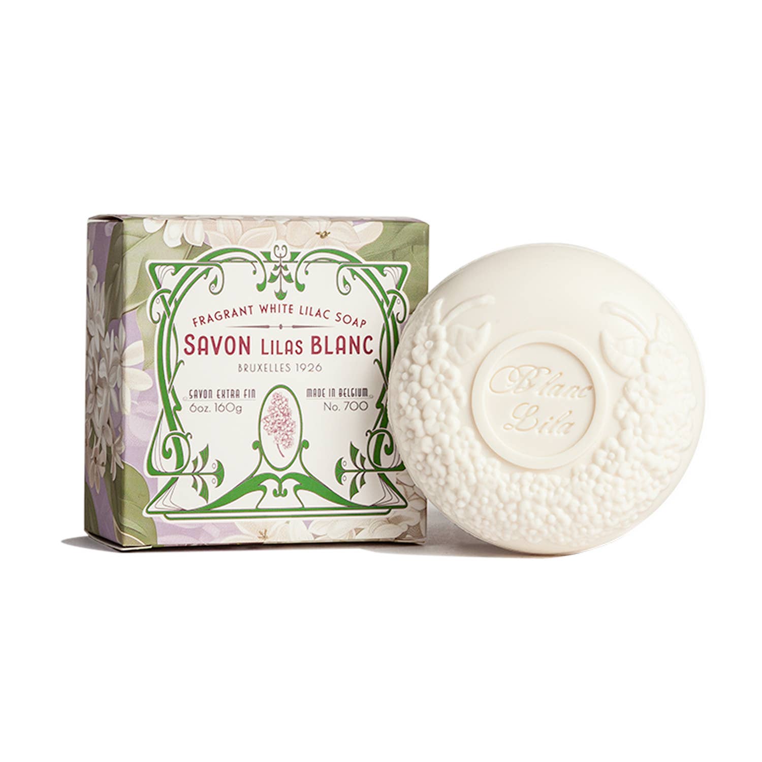 White soap bar with 'Savon Lilas Blanc' packaging on a white background