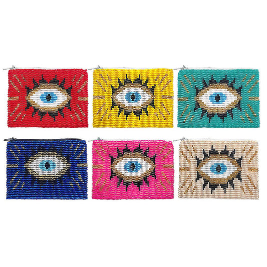 Beaded Evil Eye Seed Bead Coin Purse Pouch - 4-in