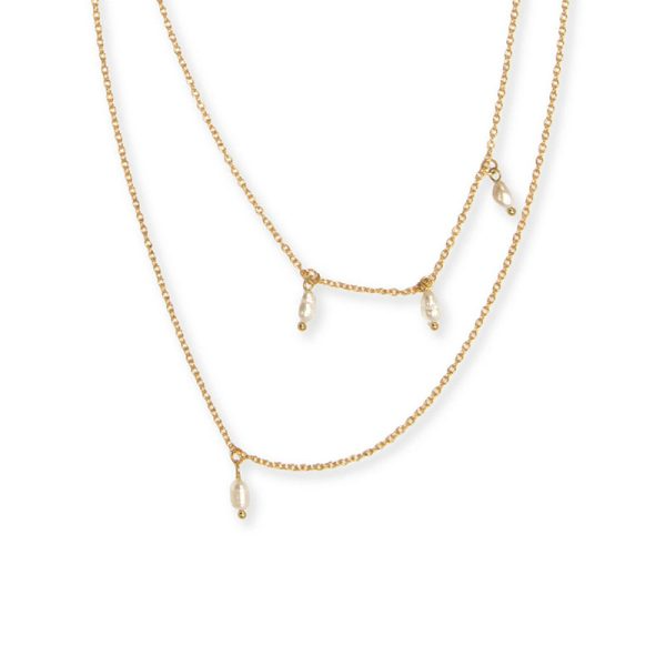 Gold Two Row Freshwater Pearls Drop Necklace - Mellow Monkey