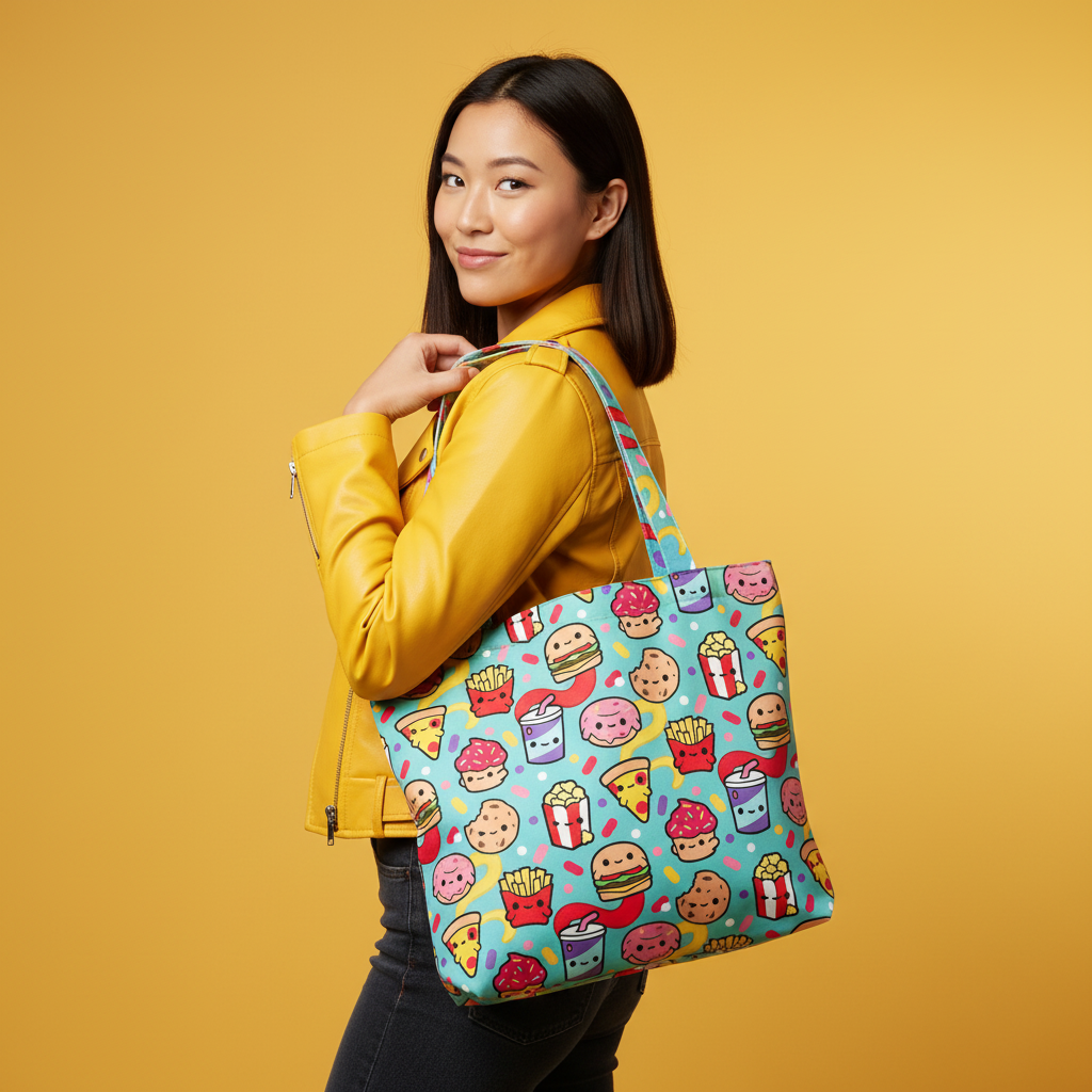 Junk Food Tote Bag - Zippered Pocket - Washable - Mellow Monkey