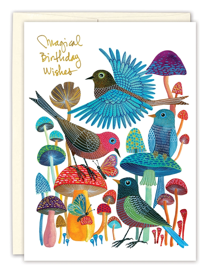 Magical Birthday Wishes - Birds and Mushrooms - Birthday Greeting Card - Mellow Monkey