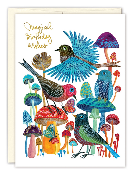 Magical Birthday Wishes - Birds and Mushrooms - Birthday Greeting Card - Mellow Monkey