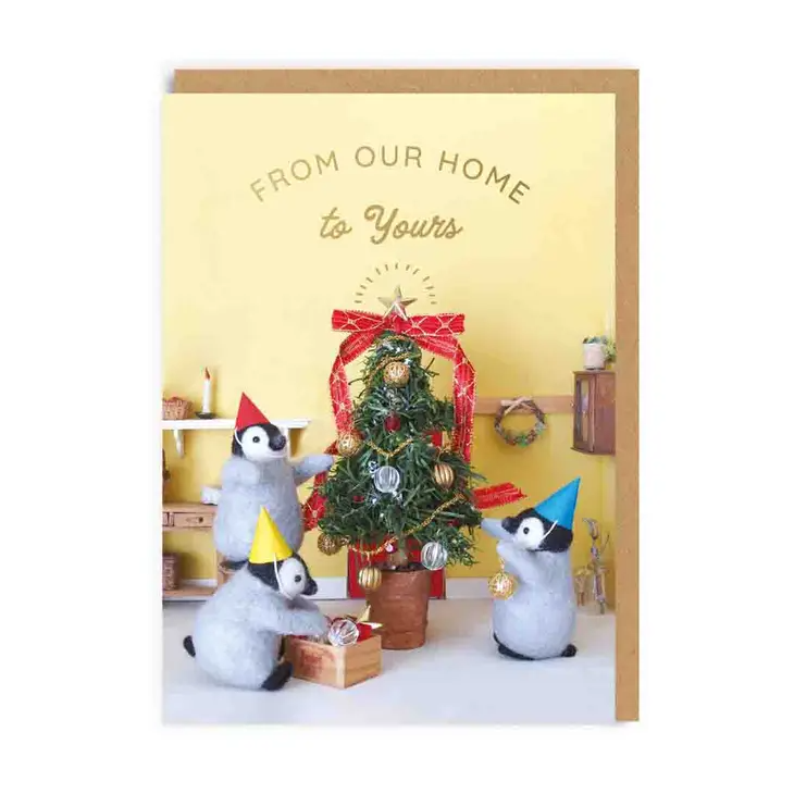 From Our Home to Yours - Penguins Decorating Christmas Tree - Holiday Greeting Card - Mellow Monkey