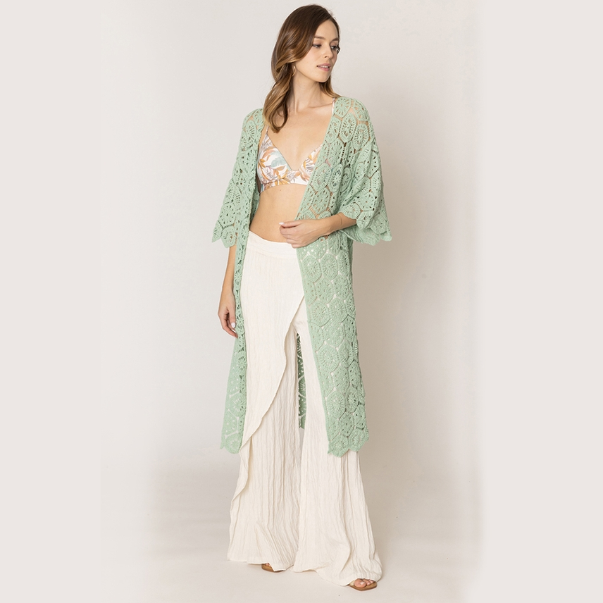 Geometric Pattern Crochet Cardigan Poncho Cover-Up - Sage - Mellow Monkey