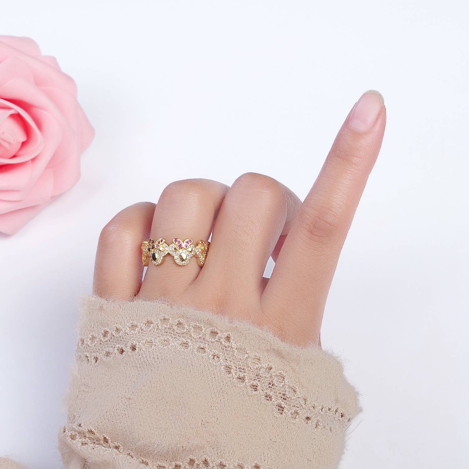 Dainty Cute Micro Pave Gold Bowed Mouse Adjustable Ring O184 - Mellow Monkey