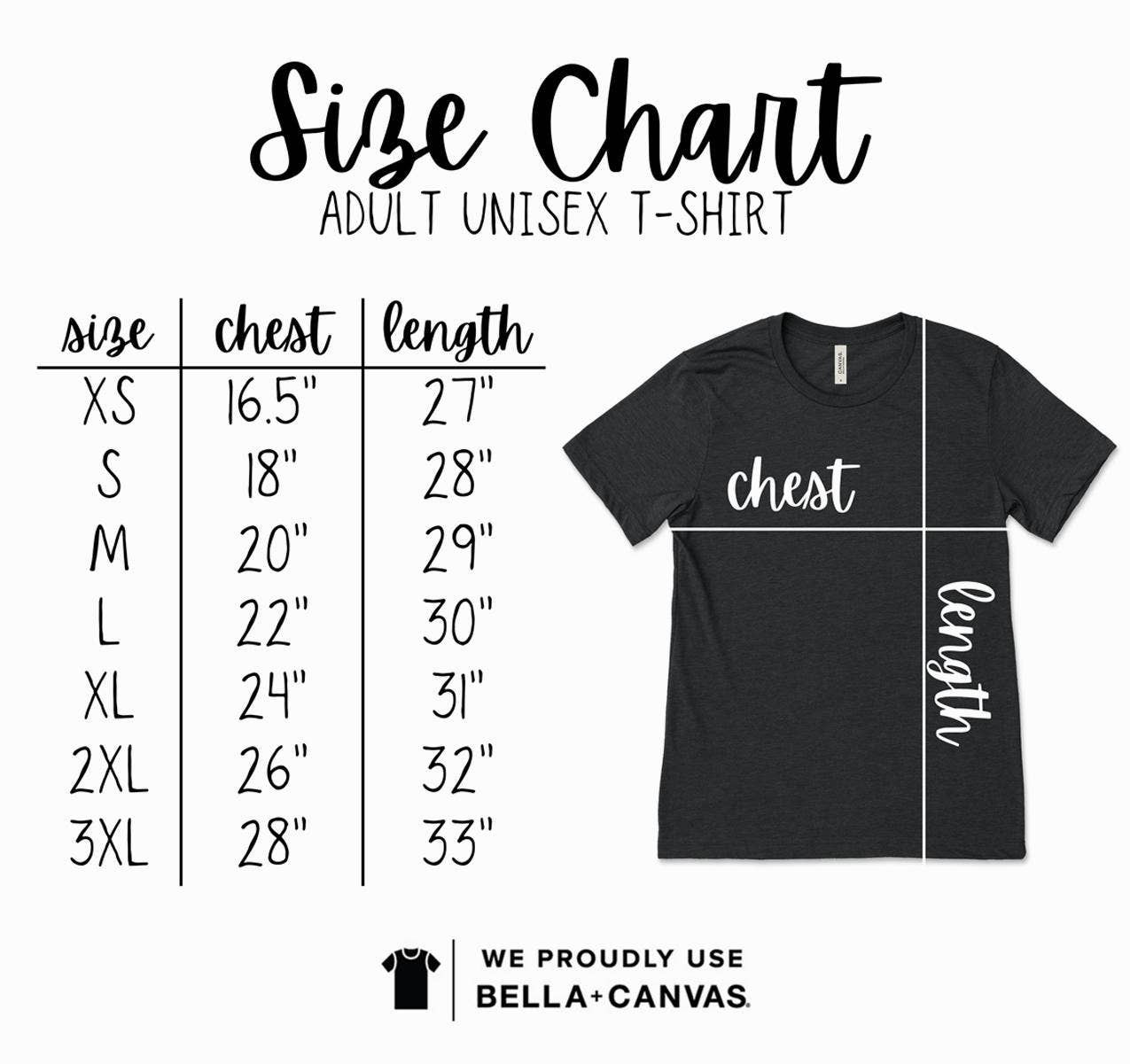 Size chart for adult unisex t-shirts with a black t-shirt graphic and Bella Canvas logo.