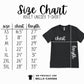 Size chart for adult unisex t-shirts with a black t-shirt graphic and Bella Canvas logo.