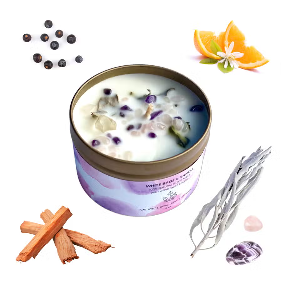 White Sage and Santal Natural Soy Candle with Amethyst and Rose Quartz Crystal - 6.4-oz. - Mellow Monkey