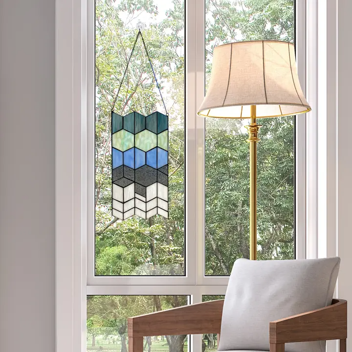 Olivia Gray and Blue Cubes Stained Glass Window Pane - 16-1/2-in - Mellow Monkey