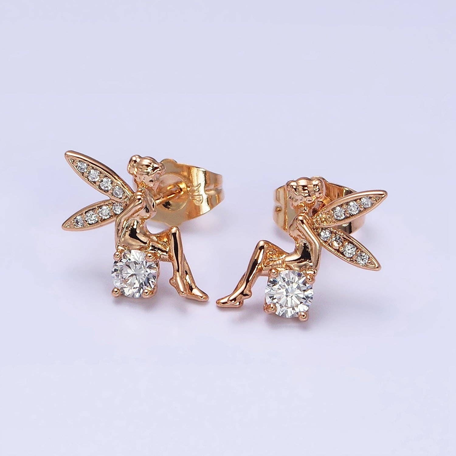 18K Gold Filled Fairy Wings Micro Paved CZ Stud Earrings - Mellow Monkey